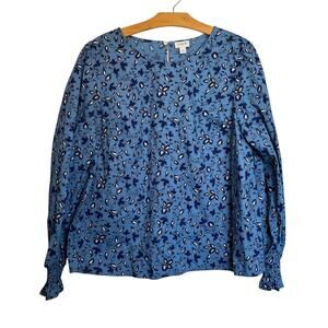 J. Crew Factory Long Sleeve Printed Poplin Blouse Riviera Blue Floral Peasant XL